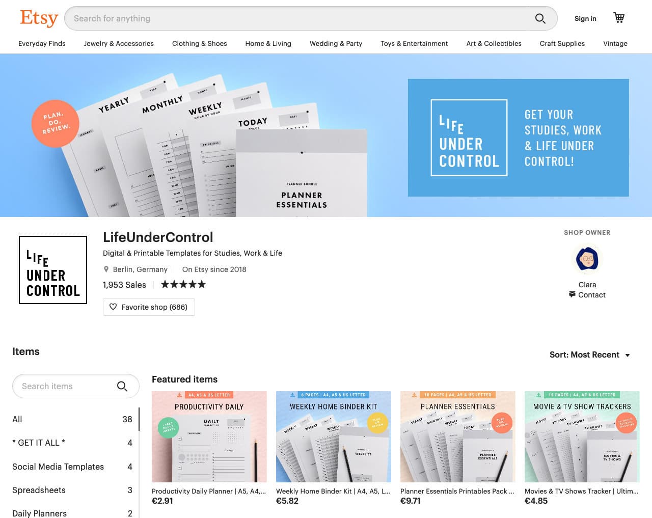 Homepage of Life Under Control on Etsy