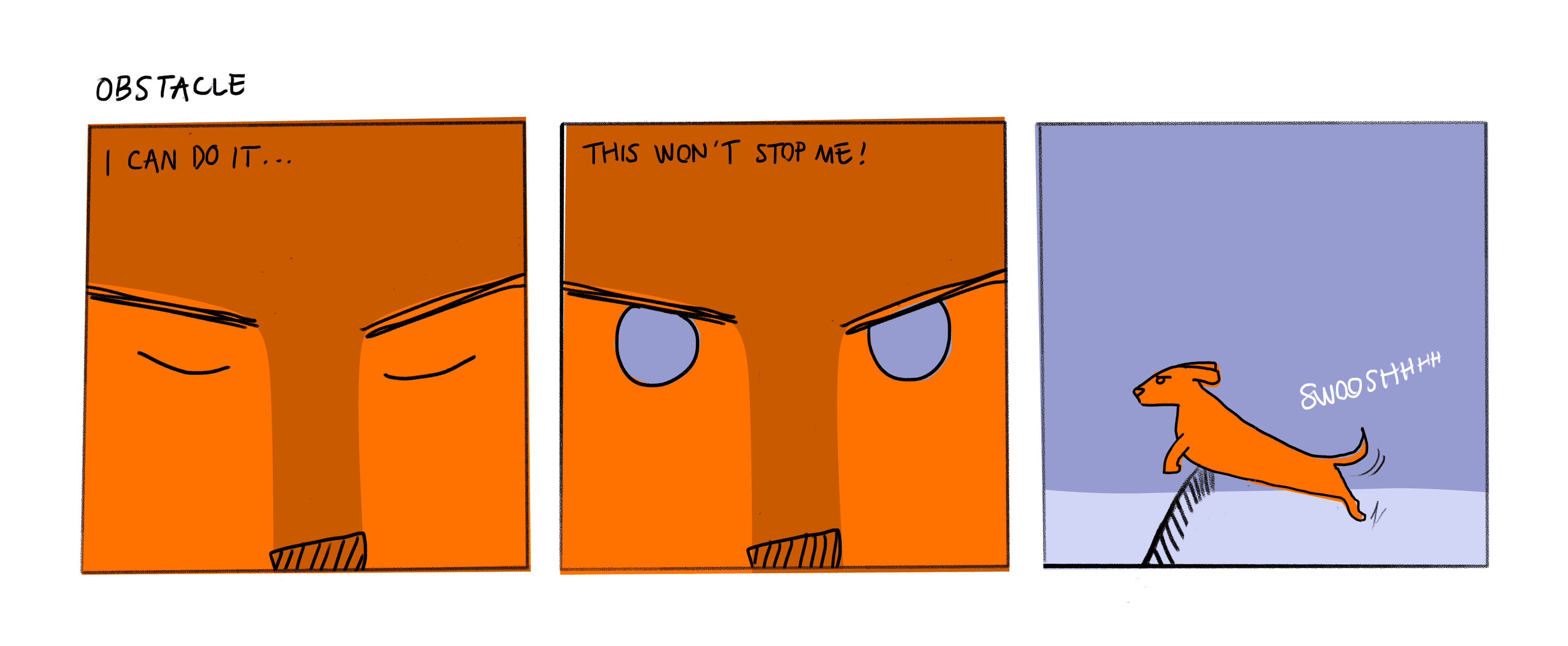 Obstacle, a three frame comic strip where a Wiener dog tries to jump over a tiny fence